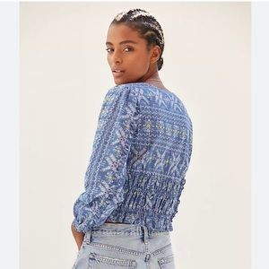 Anthropologie Forever That Girl Blue Floral Smocked Blouse Size Extra Small